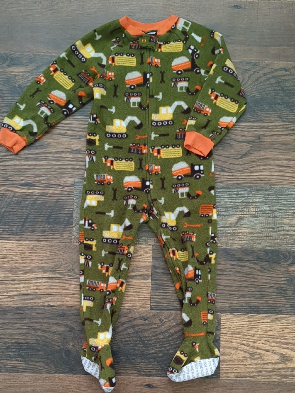 Boys Vintage Car Truck Excavator Olive Green Fleece Onsie Sleeper Pajamas, Sz 4T